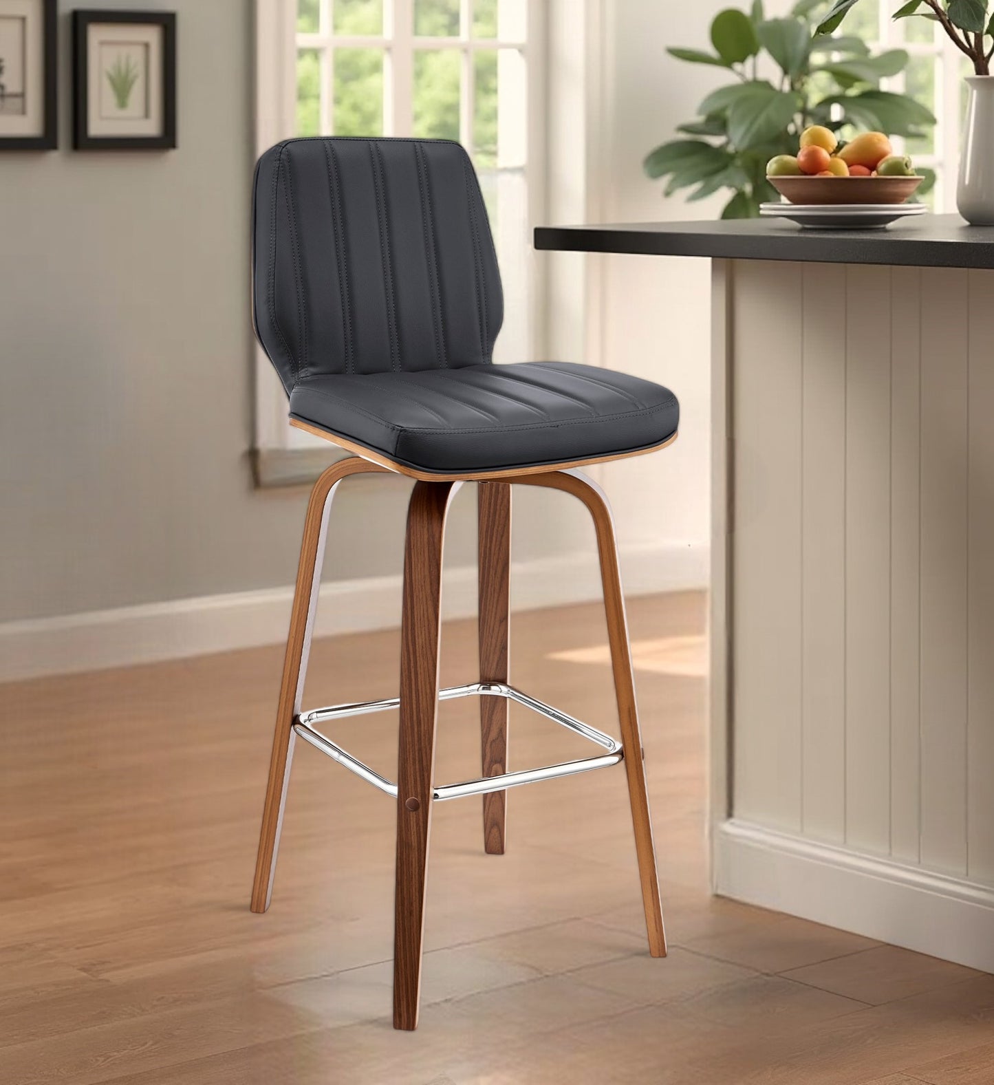30" Gray and Brown Faux Leather and Solid and Manufactured Wood Bar Height Swivel Bar Chair