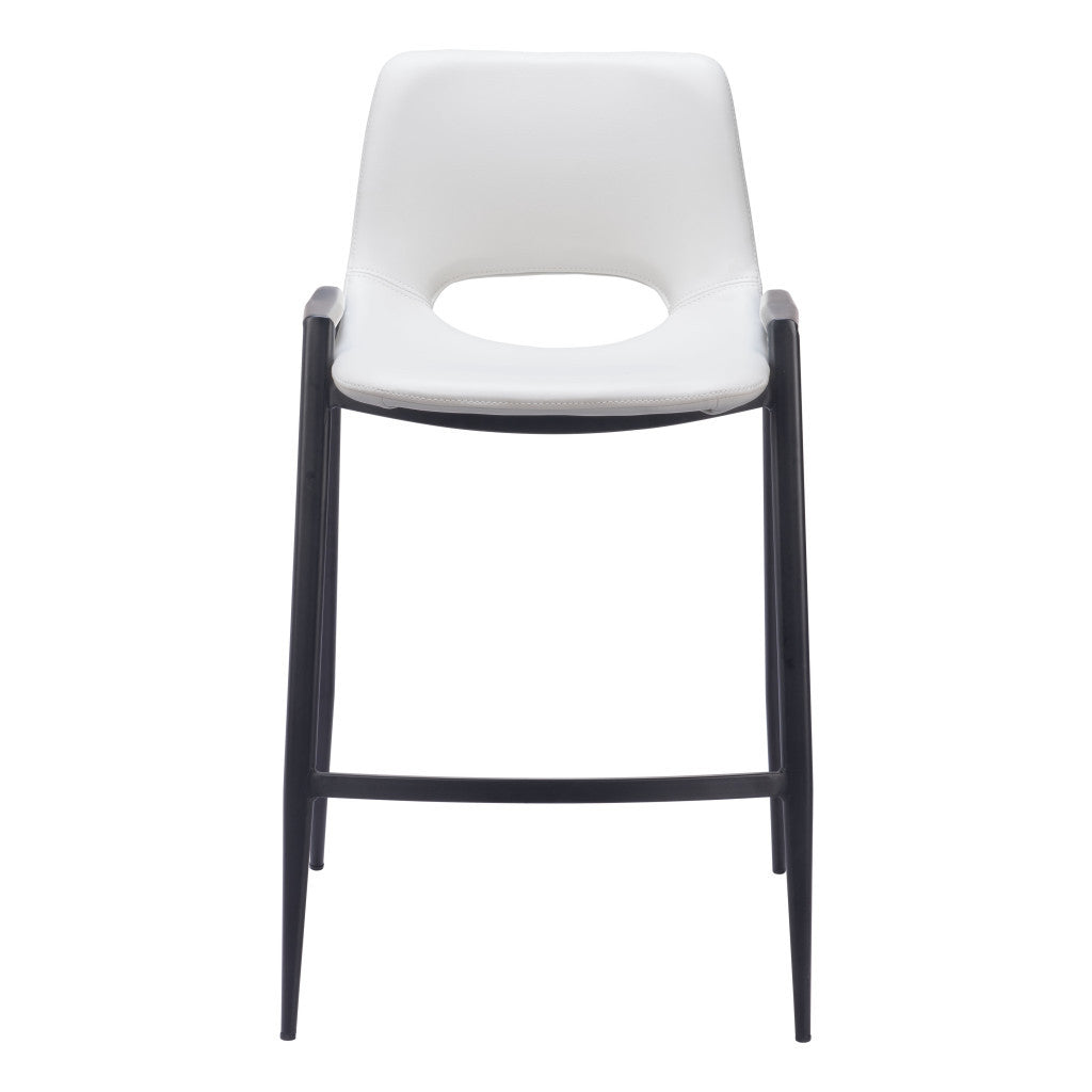 Set of Two 26" White and Black Faux Leather and Steel Low Back Counter Height Bar Chairs