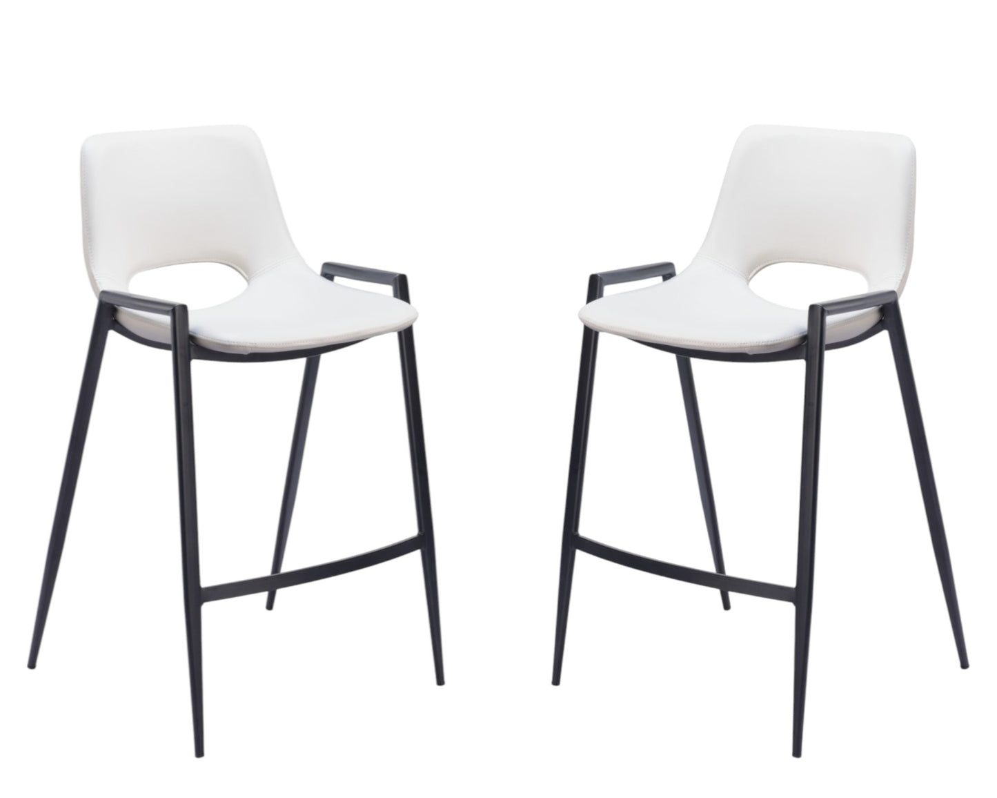 Set of Two 26" White and Black Faux Leather and Steel Low Back Counter Height Bar Chairs
