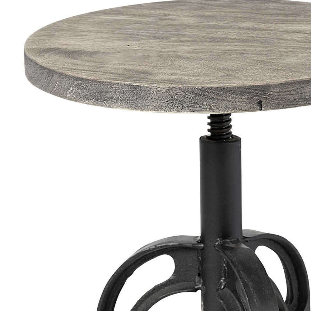 Natural and Black Solid Wood and Iron Backless Adjustable Height Bar Chair