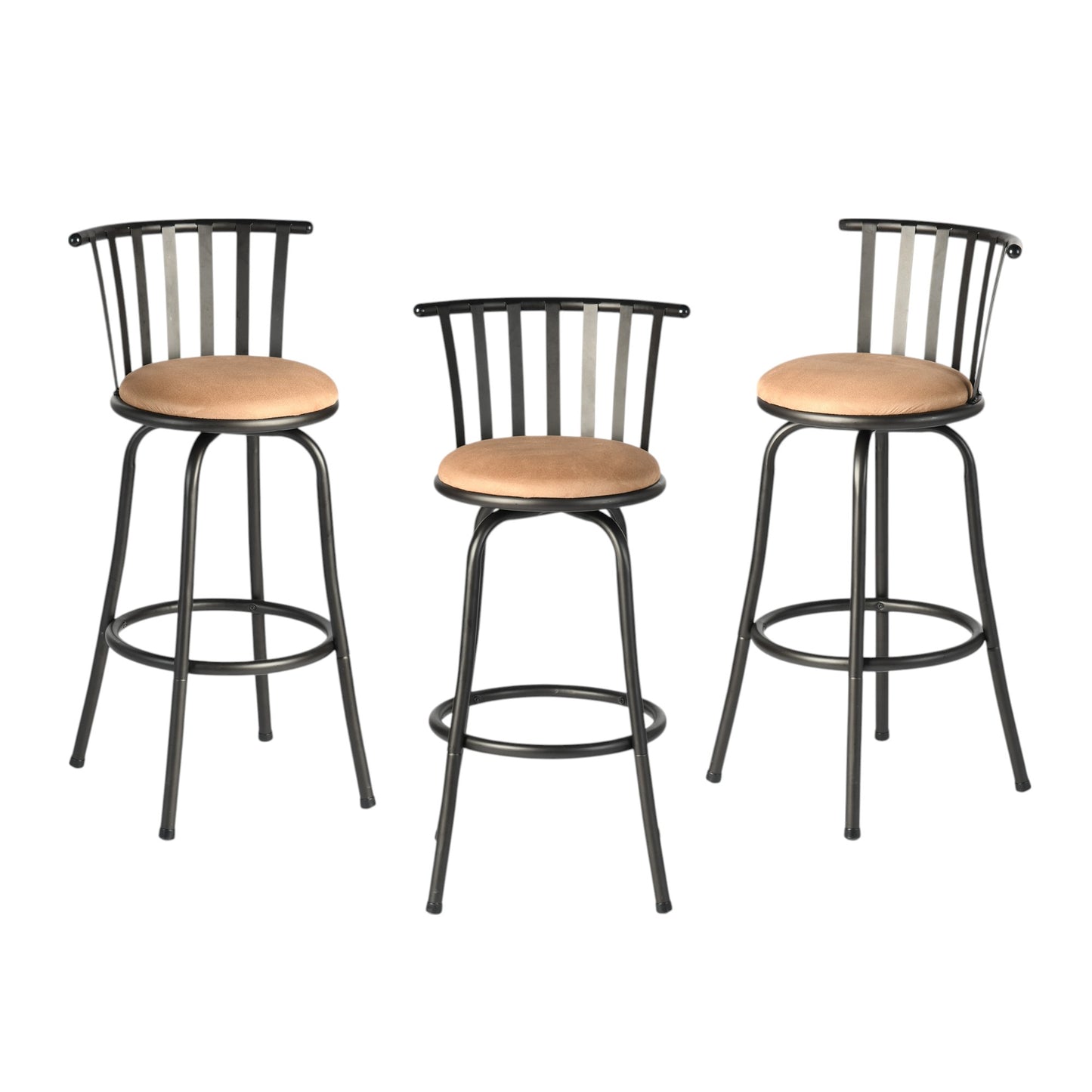 Set of Three Brown and Black Faux Leather and Iron Low Back Adjustable Height Swivel Bar Chairs