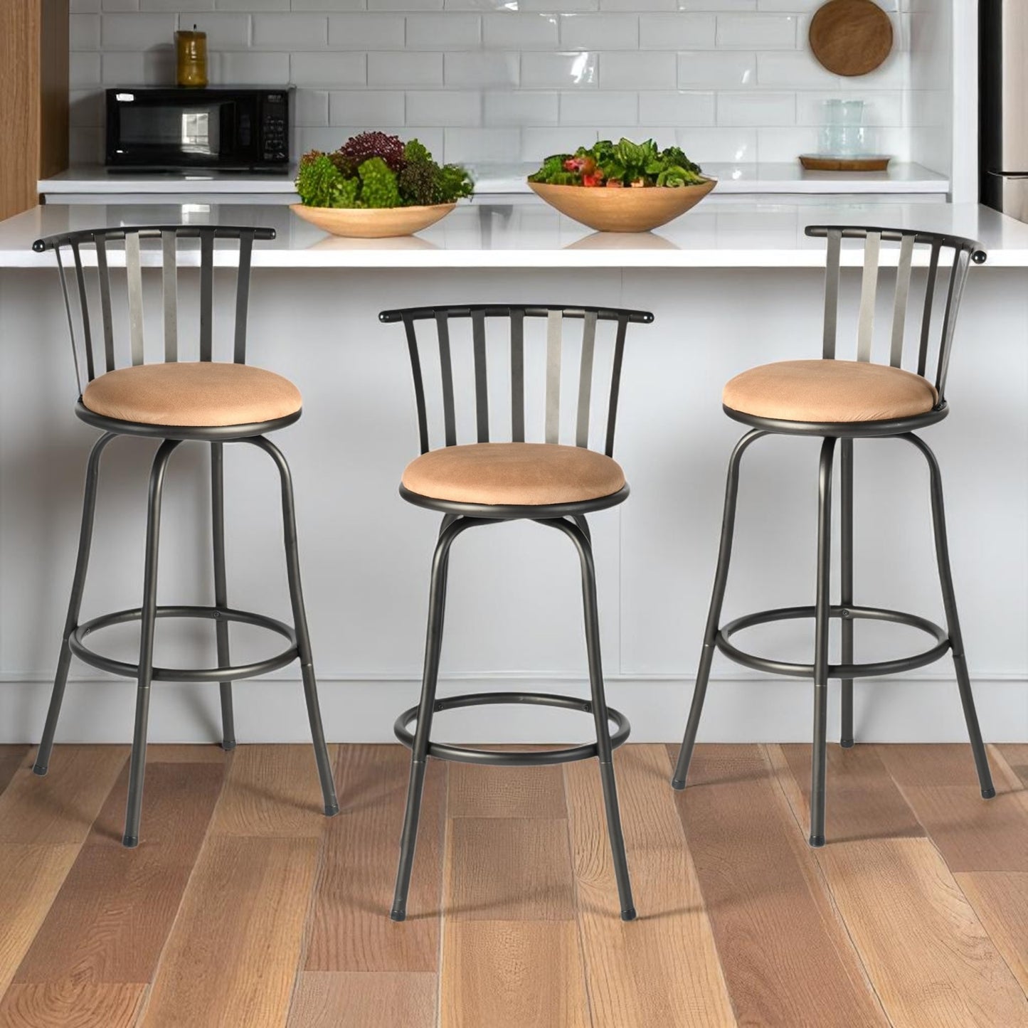 Set of Three Brown and Black Faux Leather and Iron Low Back Adjustable Height Swivel Bar Chairs