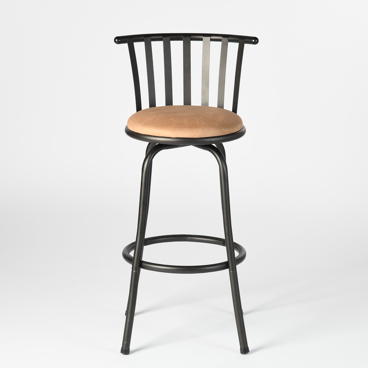 Set of Three Brown and Black Faux Leather and Iron Low Back Adjustable Height Swivel Bar Chairs