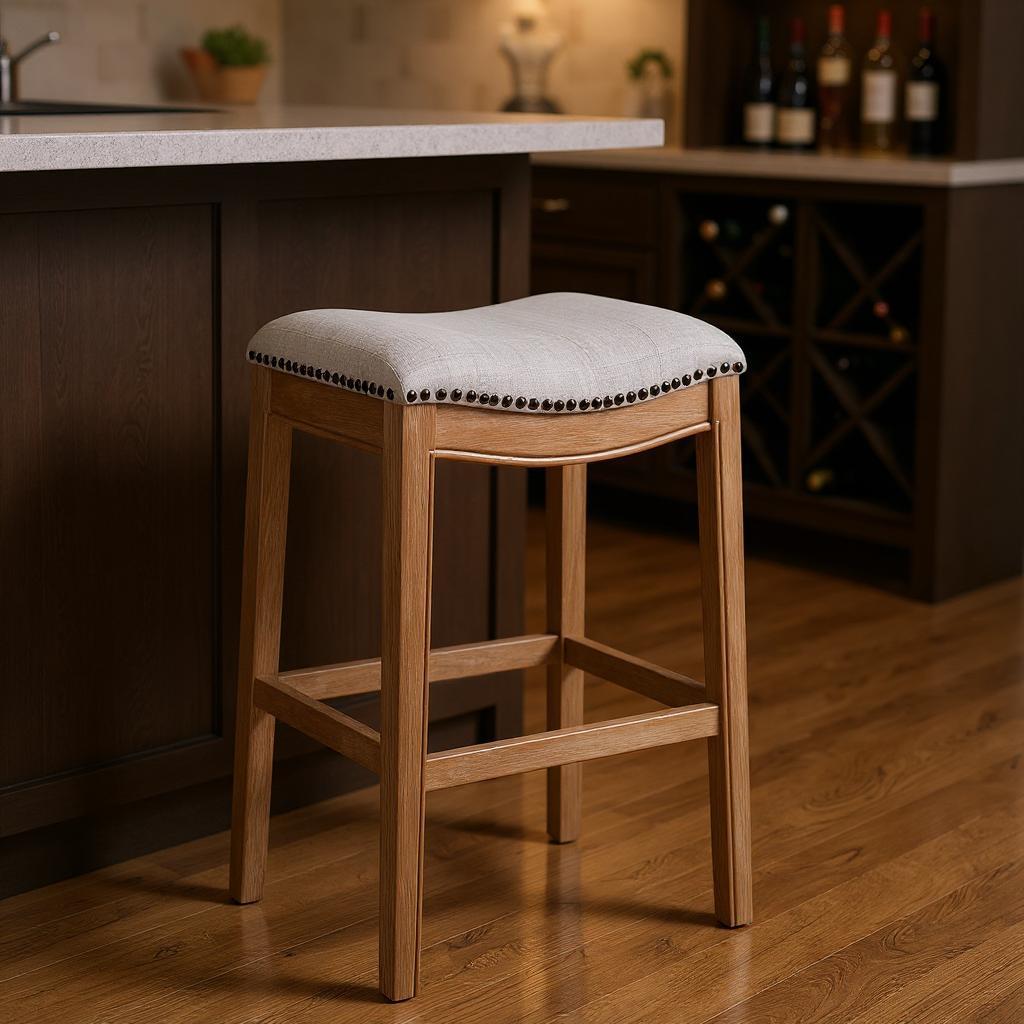 31" Beige and Natural Fabric and Solid Wood Backless Bar Height Bar Chair
