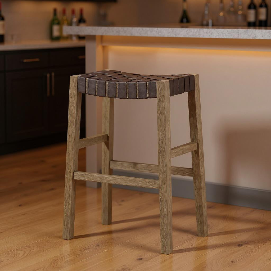 31" Stone and Gray Faux Leather and Solid Wood Backless Bar Height Bar Chair