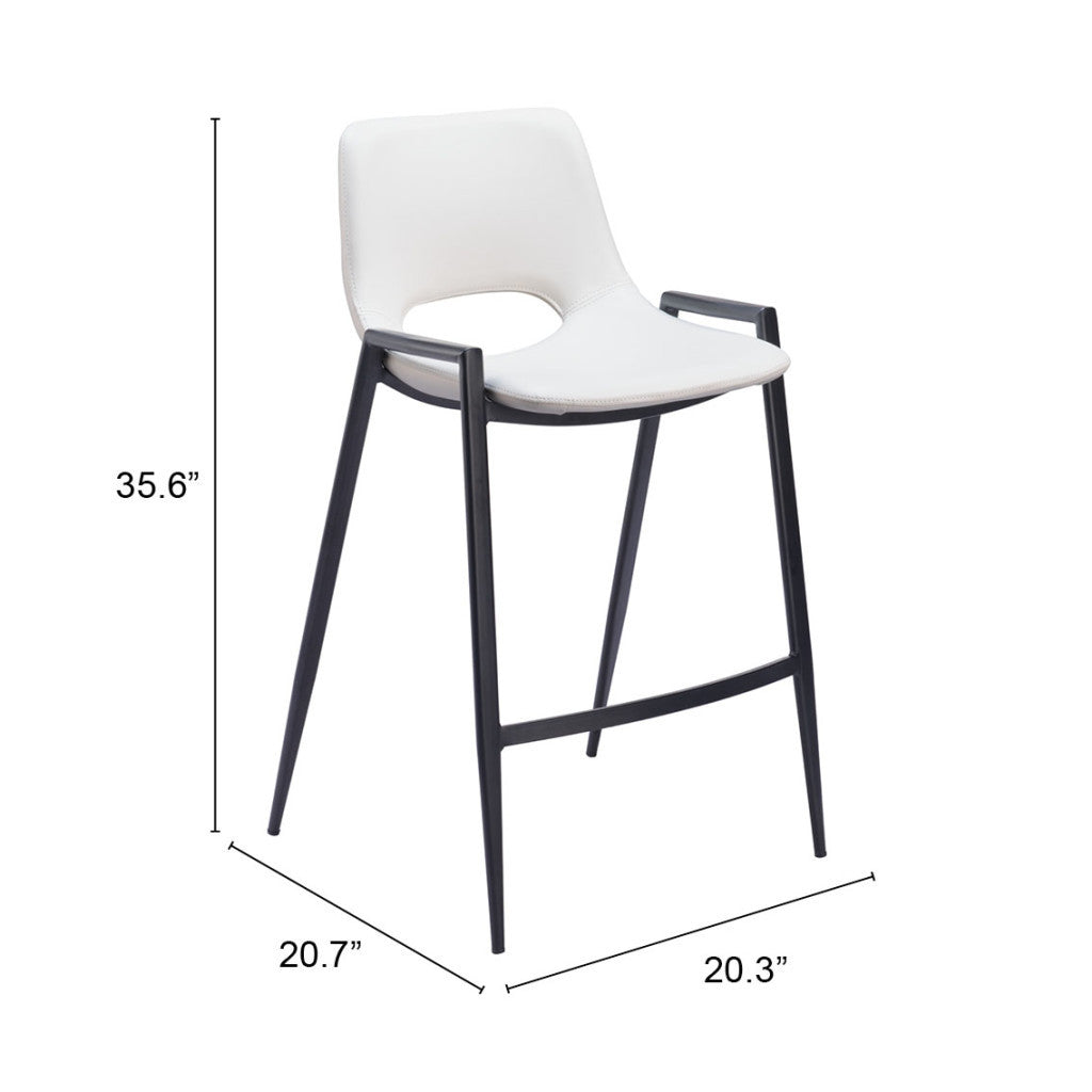 Set of Two 26" White and Black Faux Leather and Steel Low Back Counter Height Bar Chairs