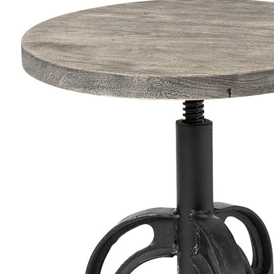 Natural and Black Solid Wood and Iron Backless Adjustable Height Bar Chair
