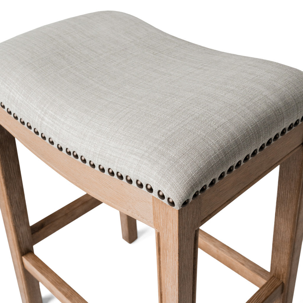 31" Beige and Natural Fabric and Solid Wood Backless Bar Height Bar Chair